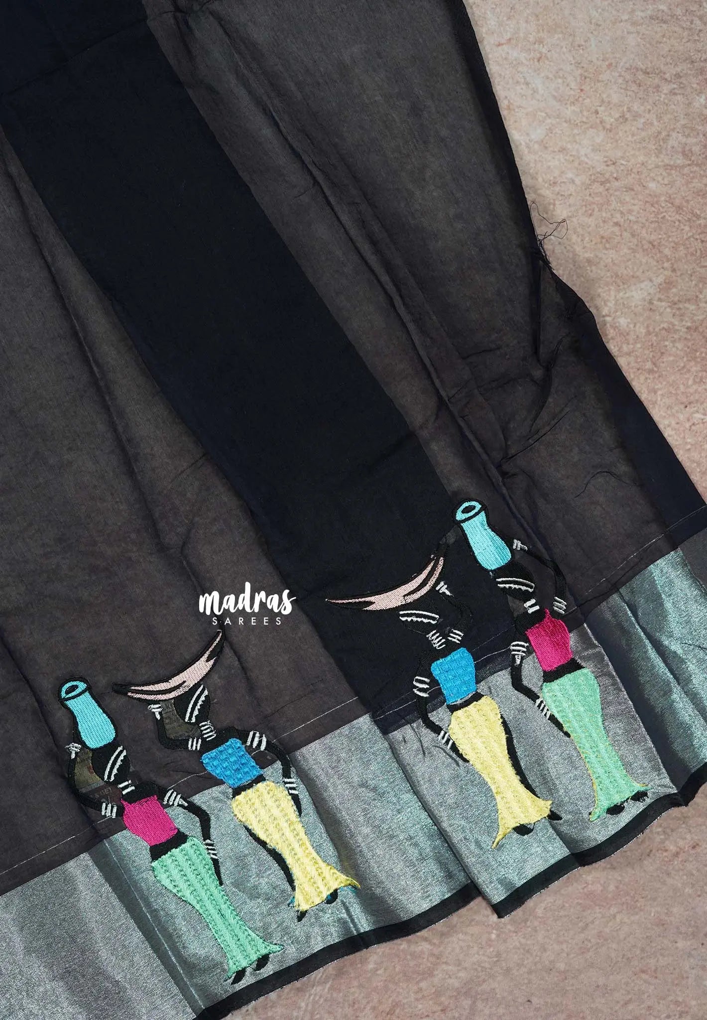 Midnight Blue - Fancy Cotton Saree with Village Folk Art Motif embroidery Blouse