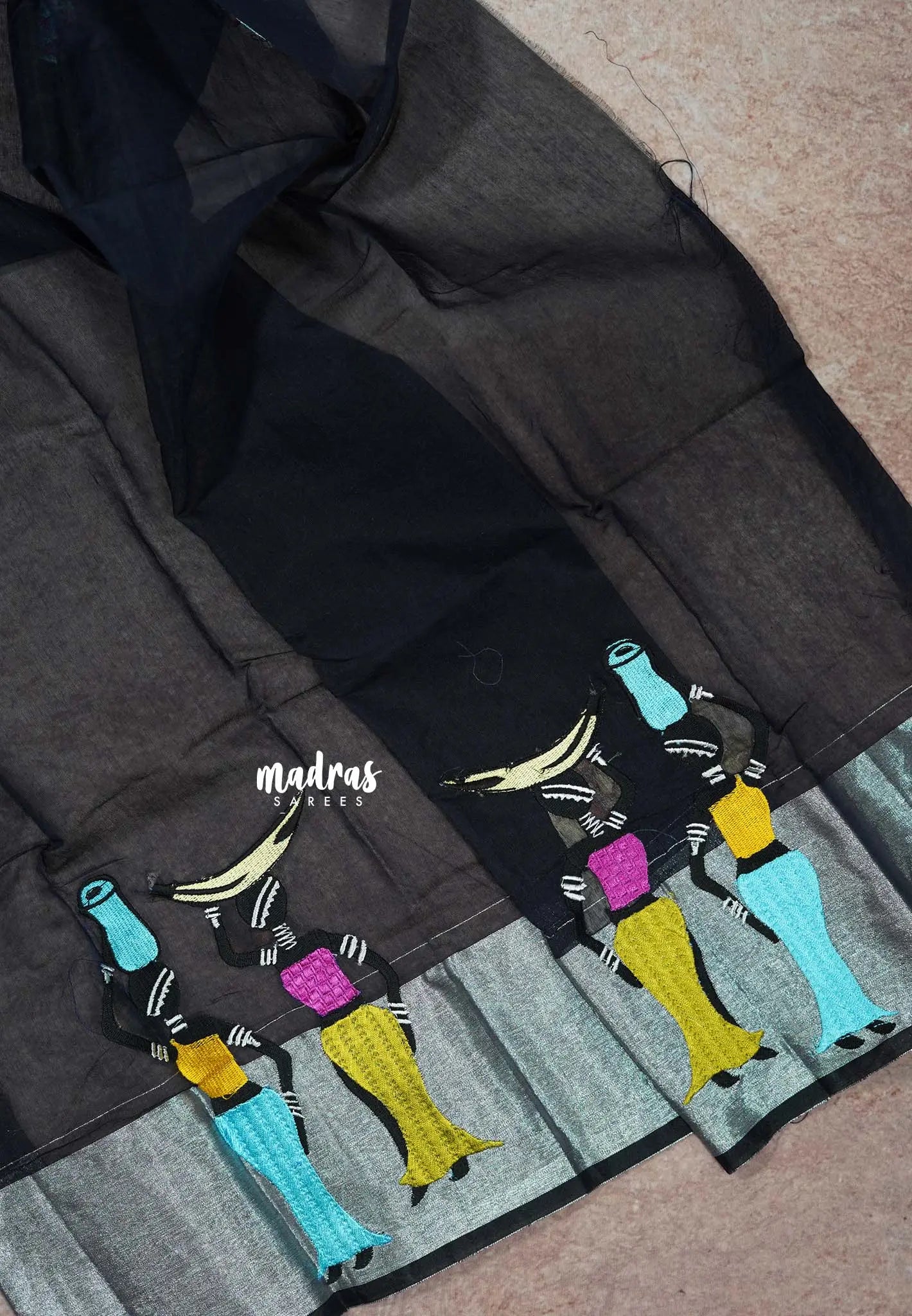 Midnight Blue - Fancy Cotton Saree with Village Folk Art Motif embroidery Blouse