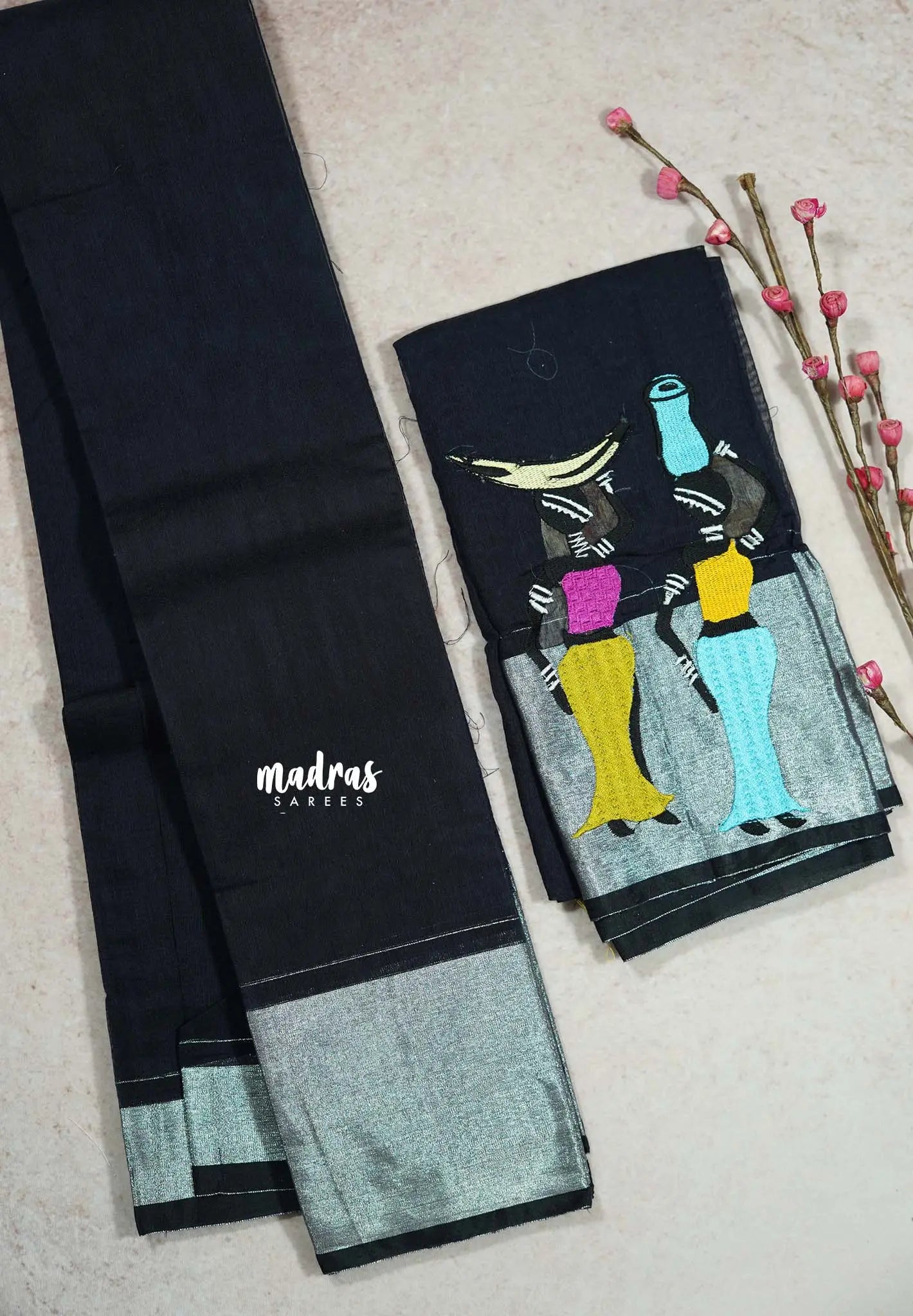 Midnight Blue - Fancy Cotton Saree with Village Folk Art Motif embroidery Blouse