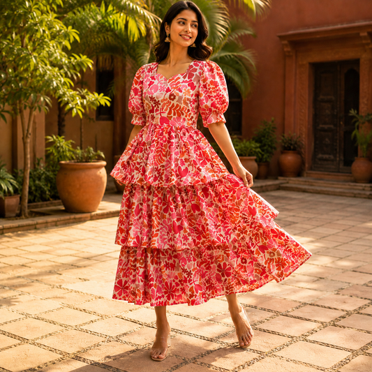 Coral Bloom Tiered Midi Dress
