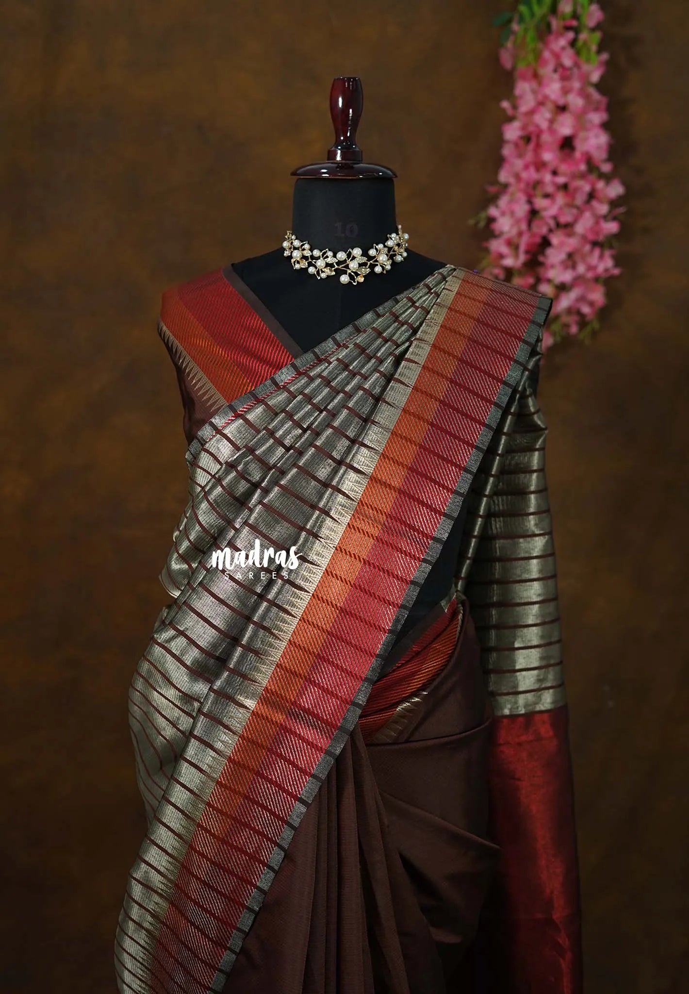 Taupe Grey and Brown - Half and Half Tissue Tansui Silk cotton Saree - Best for Night Reception | Birthday party