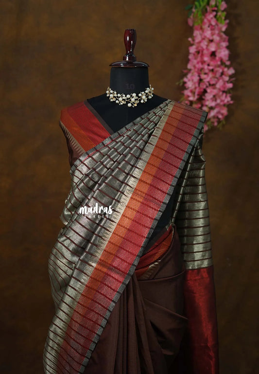 Taupe Grey and Brown - Half and Half Tissue Tansui Silk cotton Saree - Best for Night Reception | Birthday party