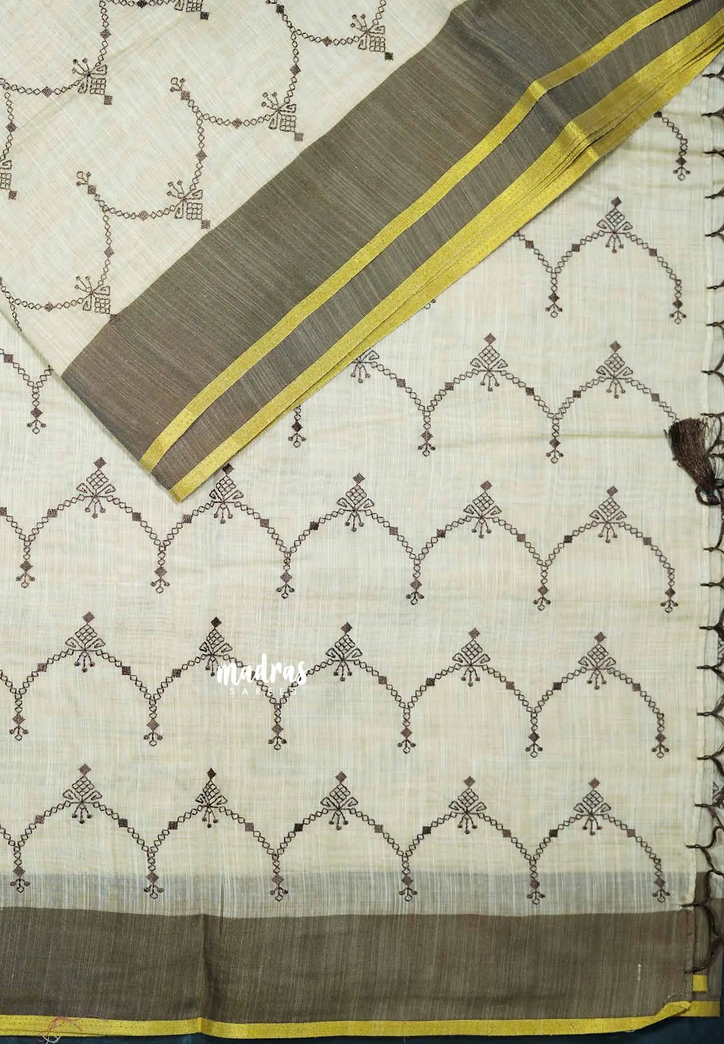 Semi Circle - Halfwhite Haasini - Bamboo cotton silk Saree with embroidery