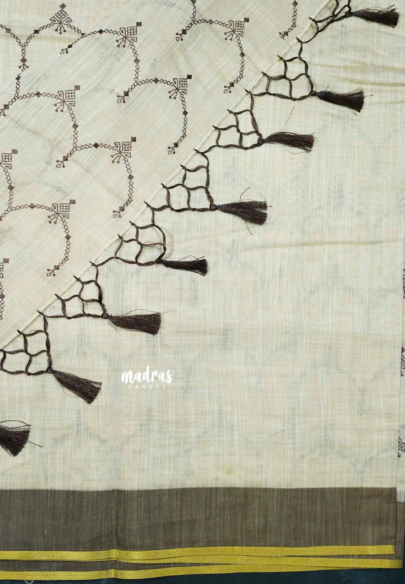 Semi Circle - Halfwhite Haasini - Bamboo cotton silk Saree with embroidery