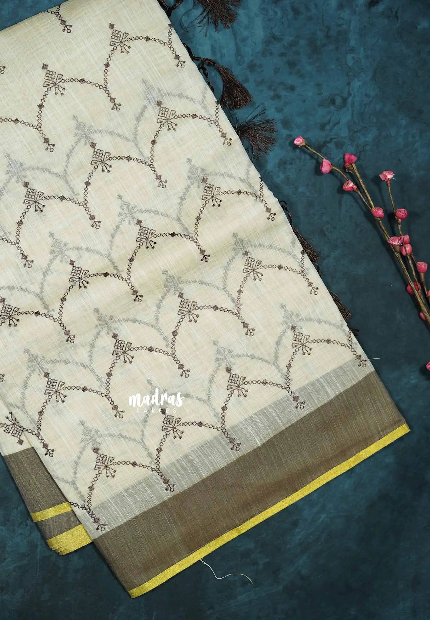 Semi Circle - Halfwhite Haasini - Bamboo cotton silk Saree with embroidery