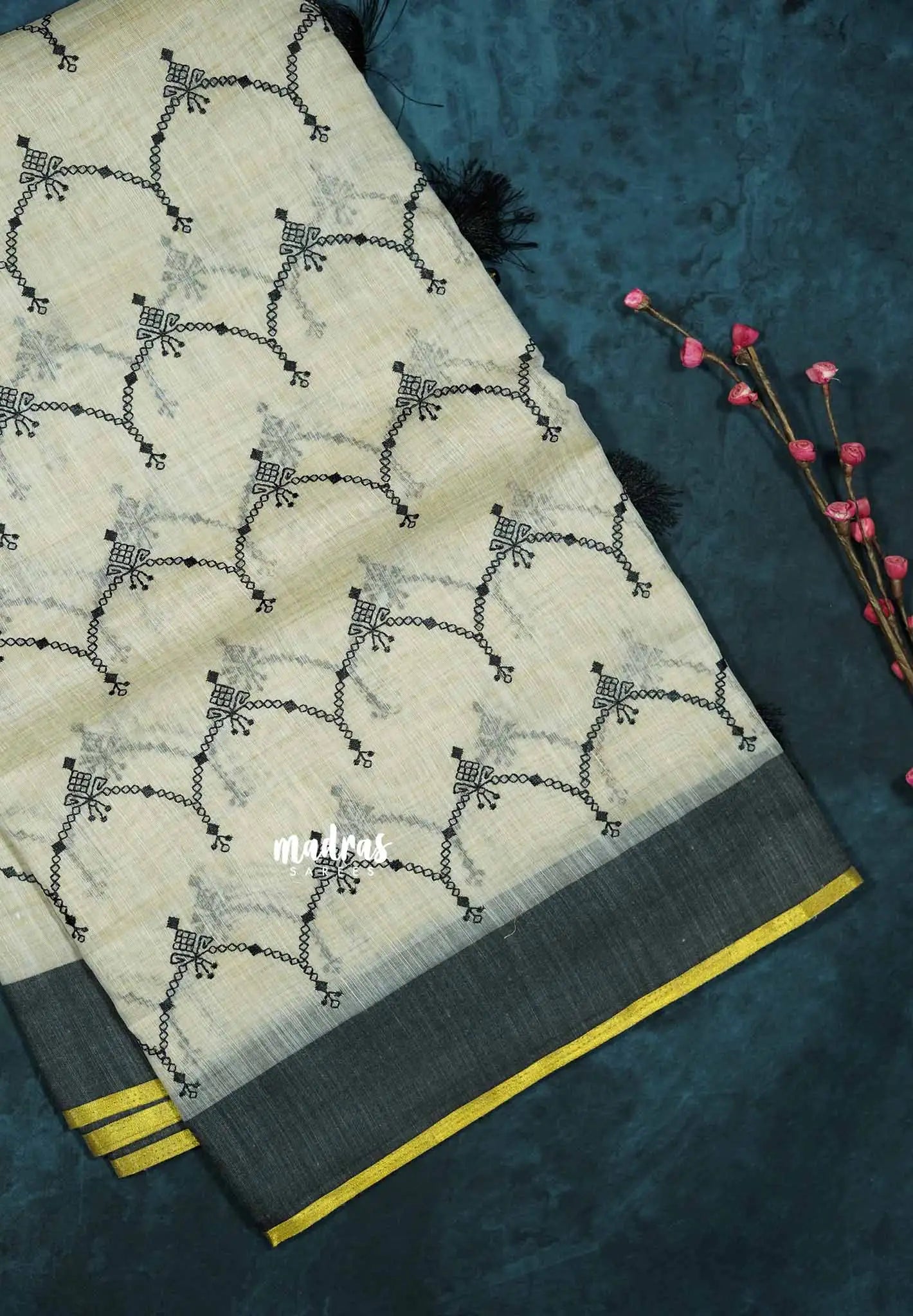 Semi Circle - Halfwhite Haasini - Bamboo cotton silk Saree with embroidery