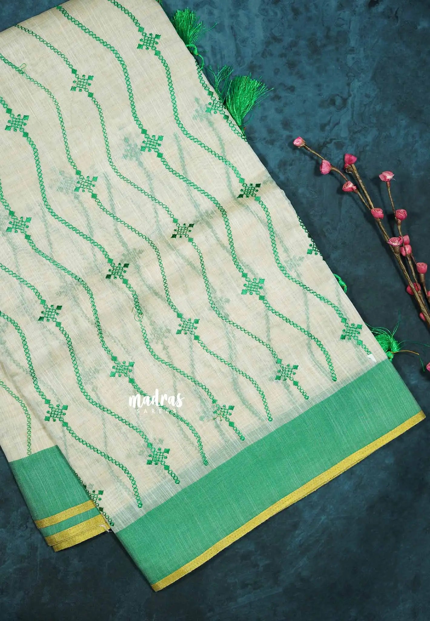 Waving - Halfwhite Haasini - Bamboo cotton silk Saree with embroidery