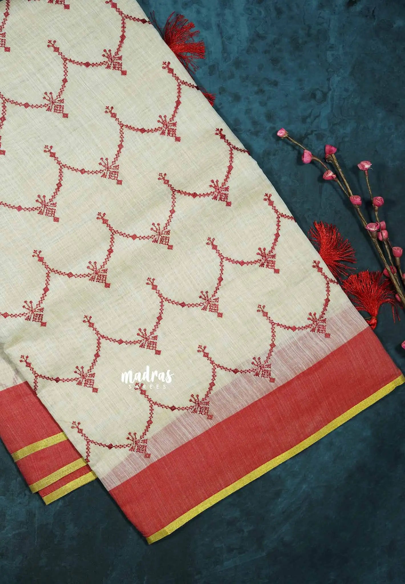 Semi Circle - Halfwhite Haasini - Bamboo cotton silk Saree with embroidery
