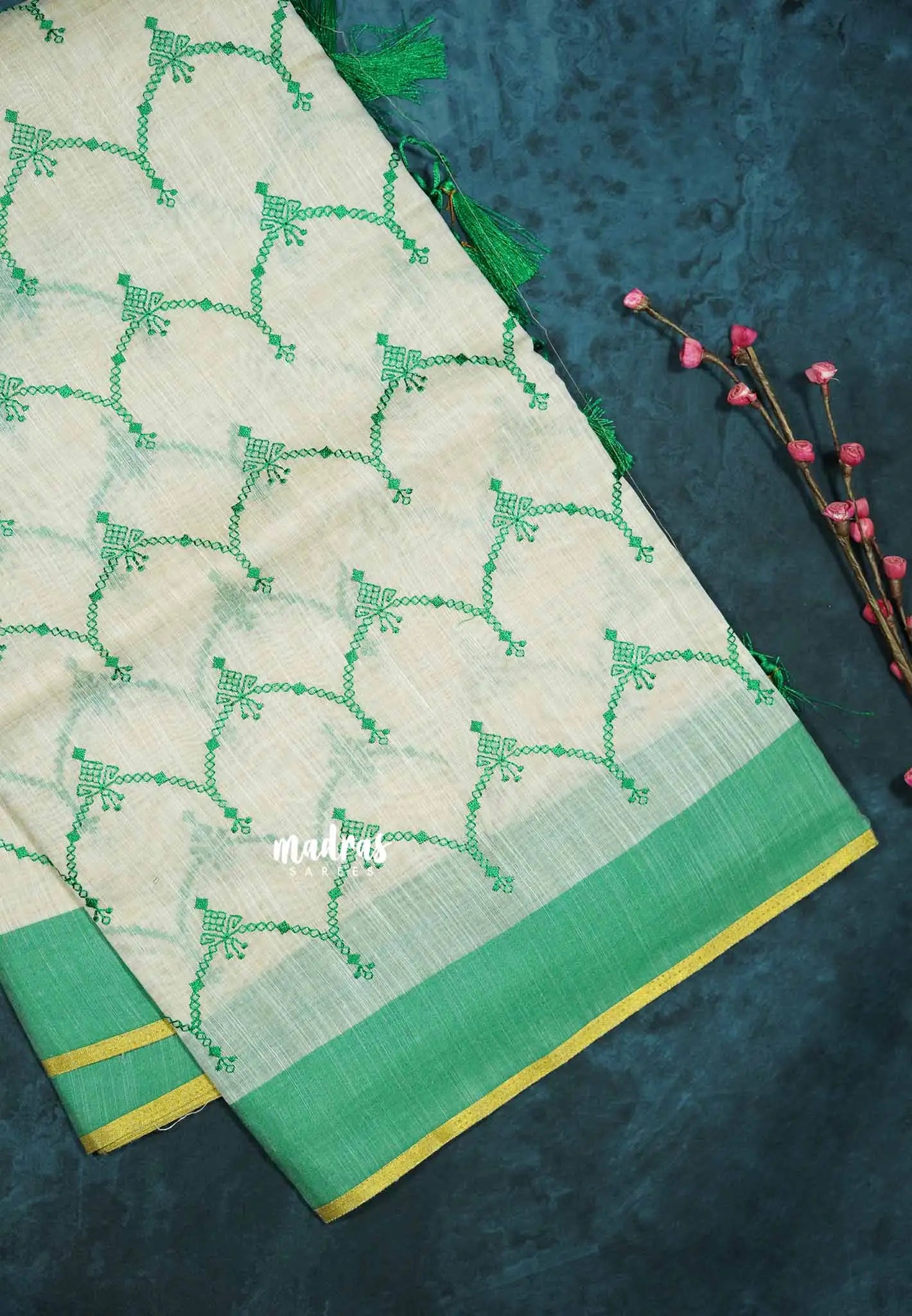 Semi Circle - Halfwhite Haasini - Bamboo cotton silk Saree with embroidery