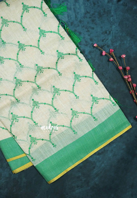 Semi Circle - Halfwhite Haasini - Bamboo cotton silk Saree with embroidery
