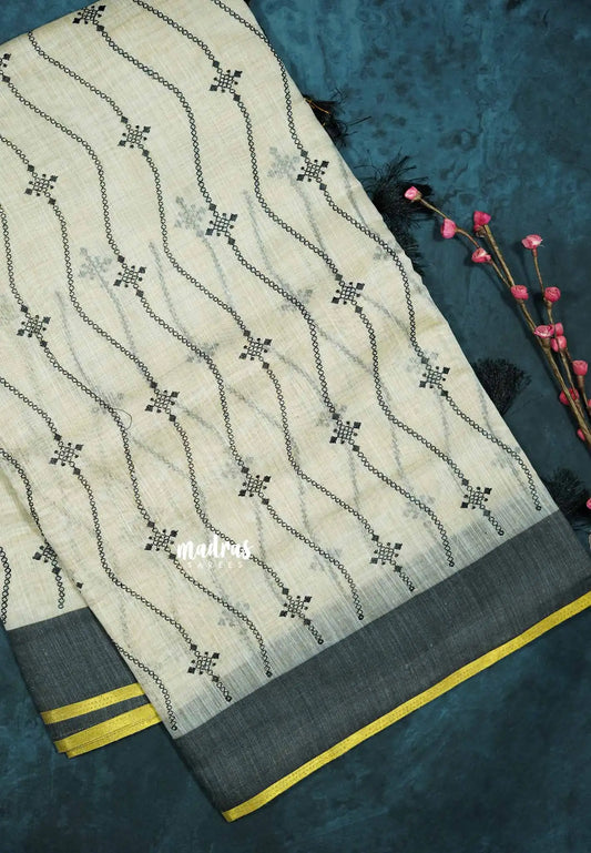 Waving - Halfwhite Haasini - Bamboo cotton silk Saree with embroidery