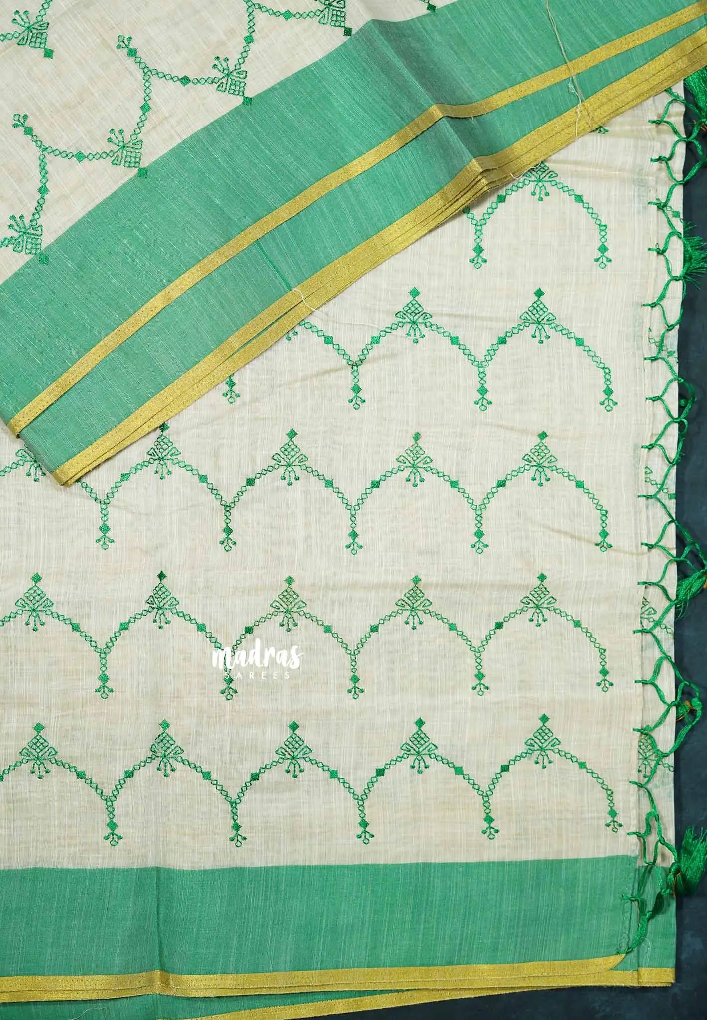 Semi Circle - Halfwhite Haasini - Bamboo cotton silk Saree with embroidery