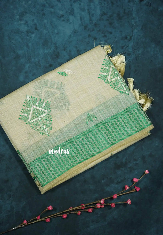 Design 2 - Halfwhite Haasini - Bamboo cotton silk Saree with warli embroidery