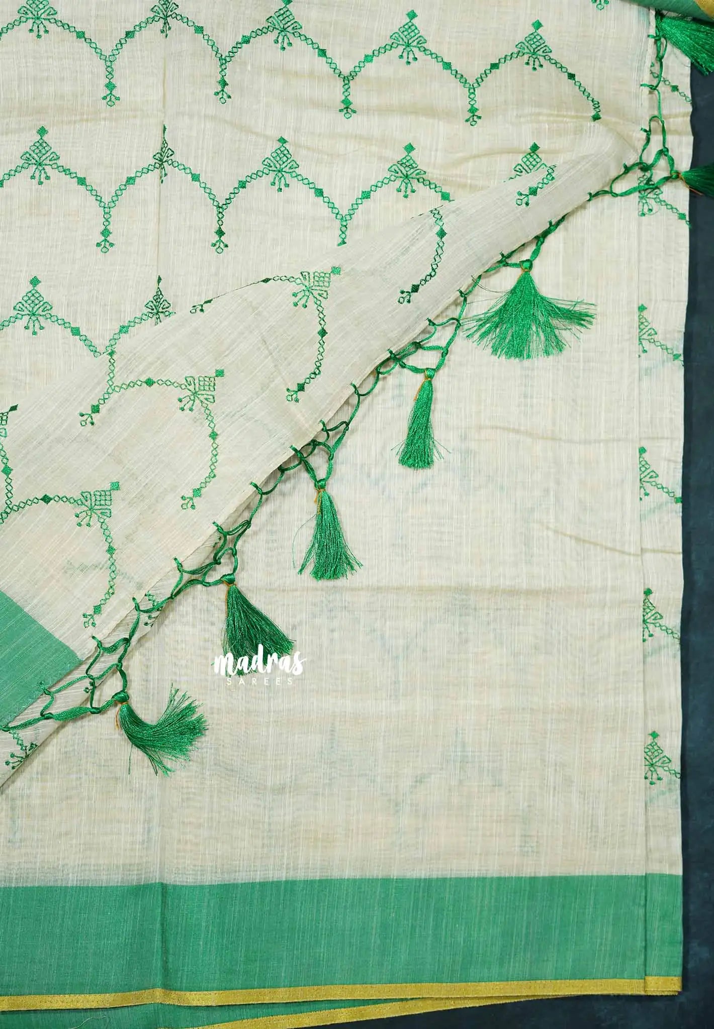 Semi Circle - Halfwhite Haasini - Bamboo cotton silk Saree with embroidery