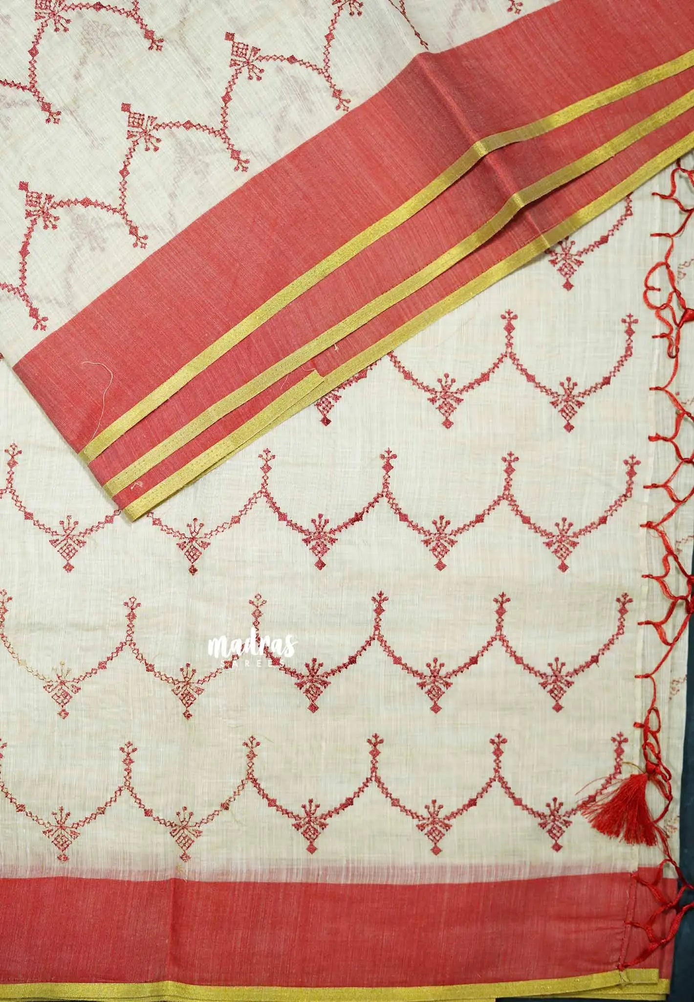 Semi Circle - Halfwhite Haasini - Bamboo cotton silk Saree with embroidery