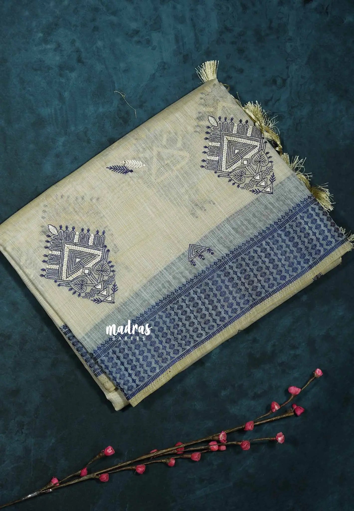 Design 2 - Halfwhite Haasini - Bamboo cotton silk Saree with warli embroidery