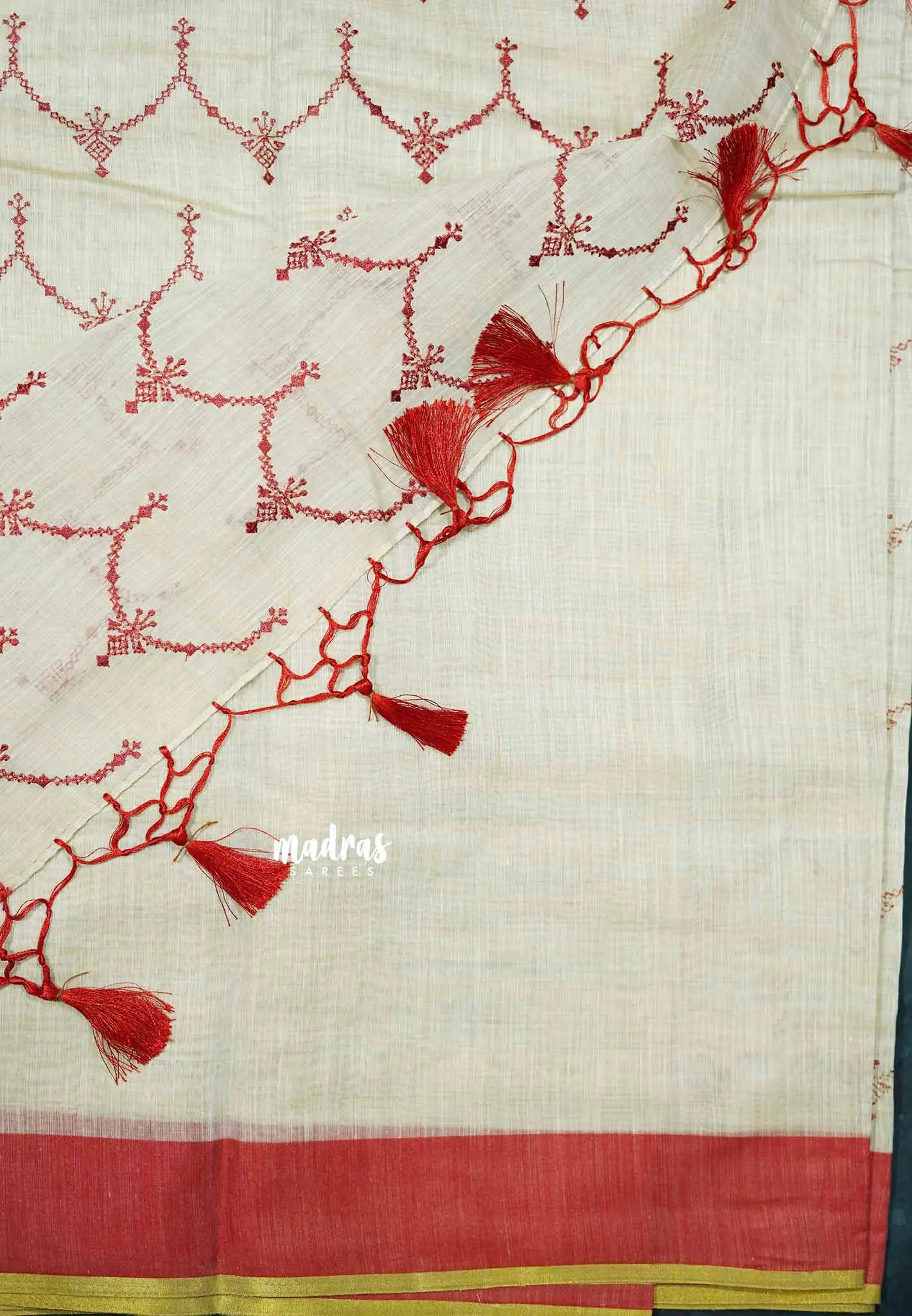 Semi Circle - Halfwhite Haasini - Bamboo cotton silk Saree with embroidery