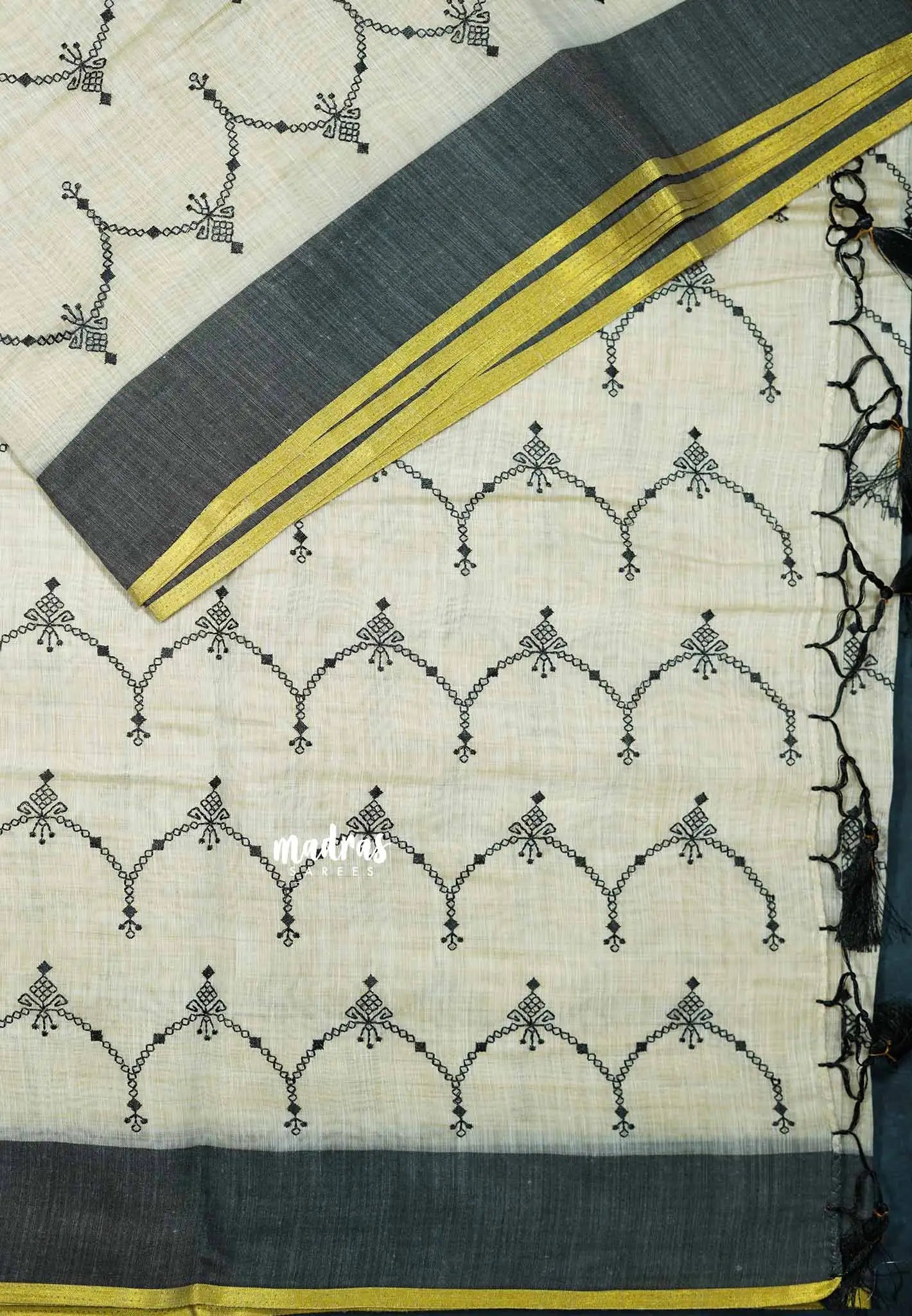 Semi Circle - Halfwhite Haasini - Bamboo cotton silk Saree with embroidery