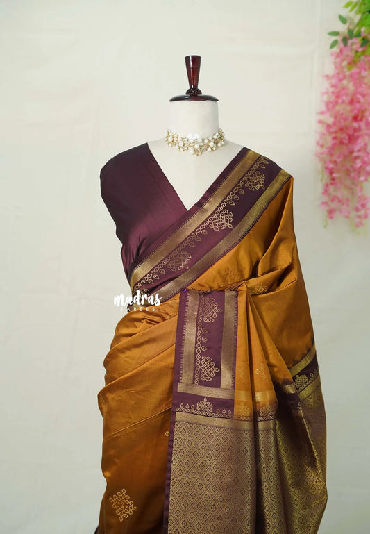 Vintage Mustard Brown - Hamsavalli – Soft Silk Cotton Saree with Kolam Motifs Weaving Body and Border with Rich Pallu  - Best for wedding