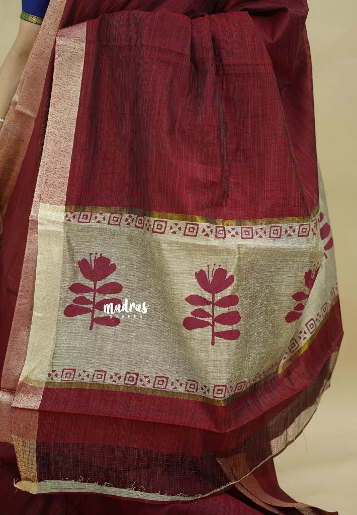 Majestic Maroon - Handmade jute tussar silk saree with handblock prints