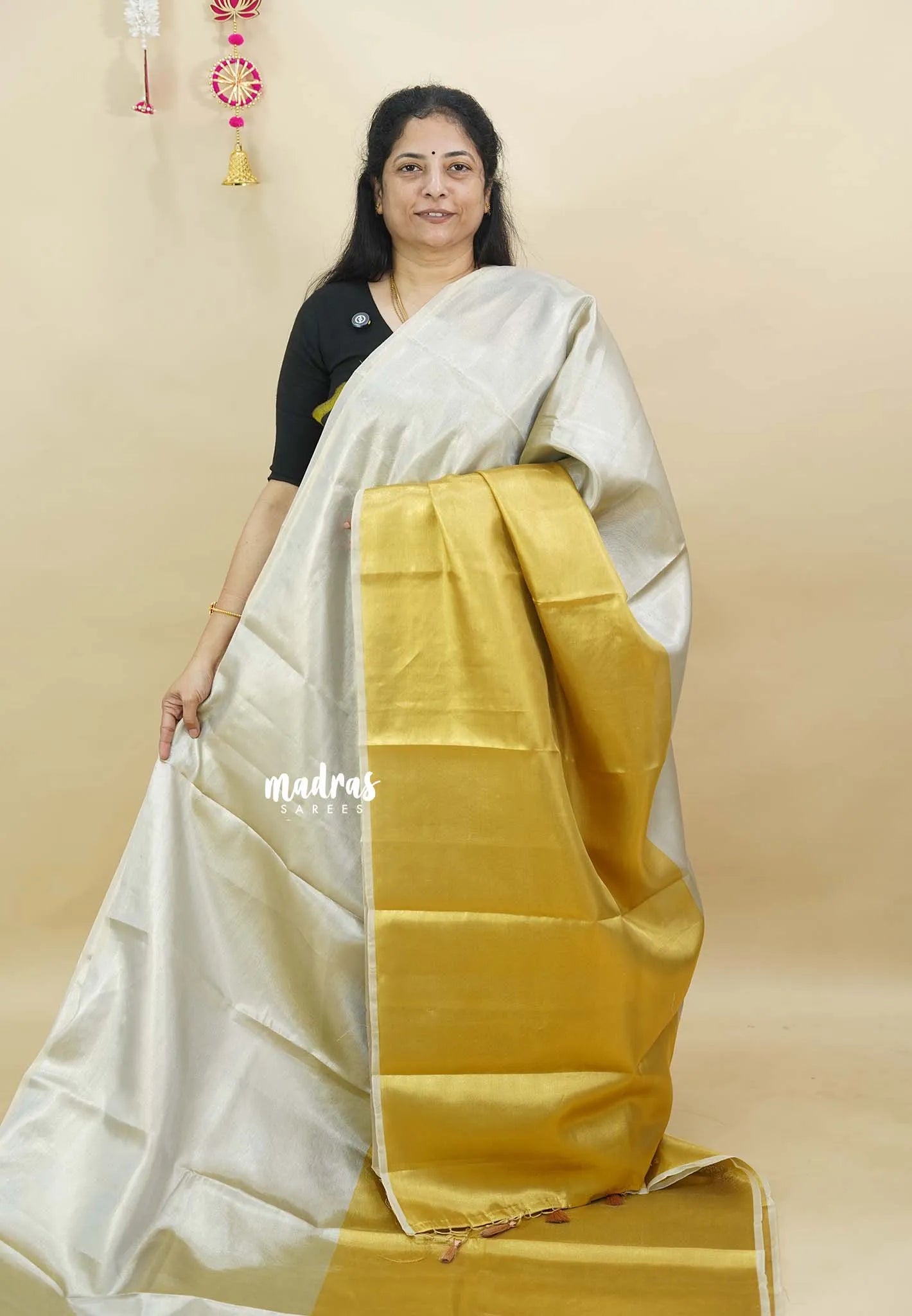 MoonSun Blend - Kushboo half and half gold and silver tissue silk blend Saree - Best for Small Functions