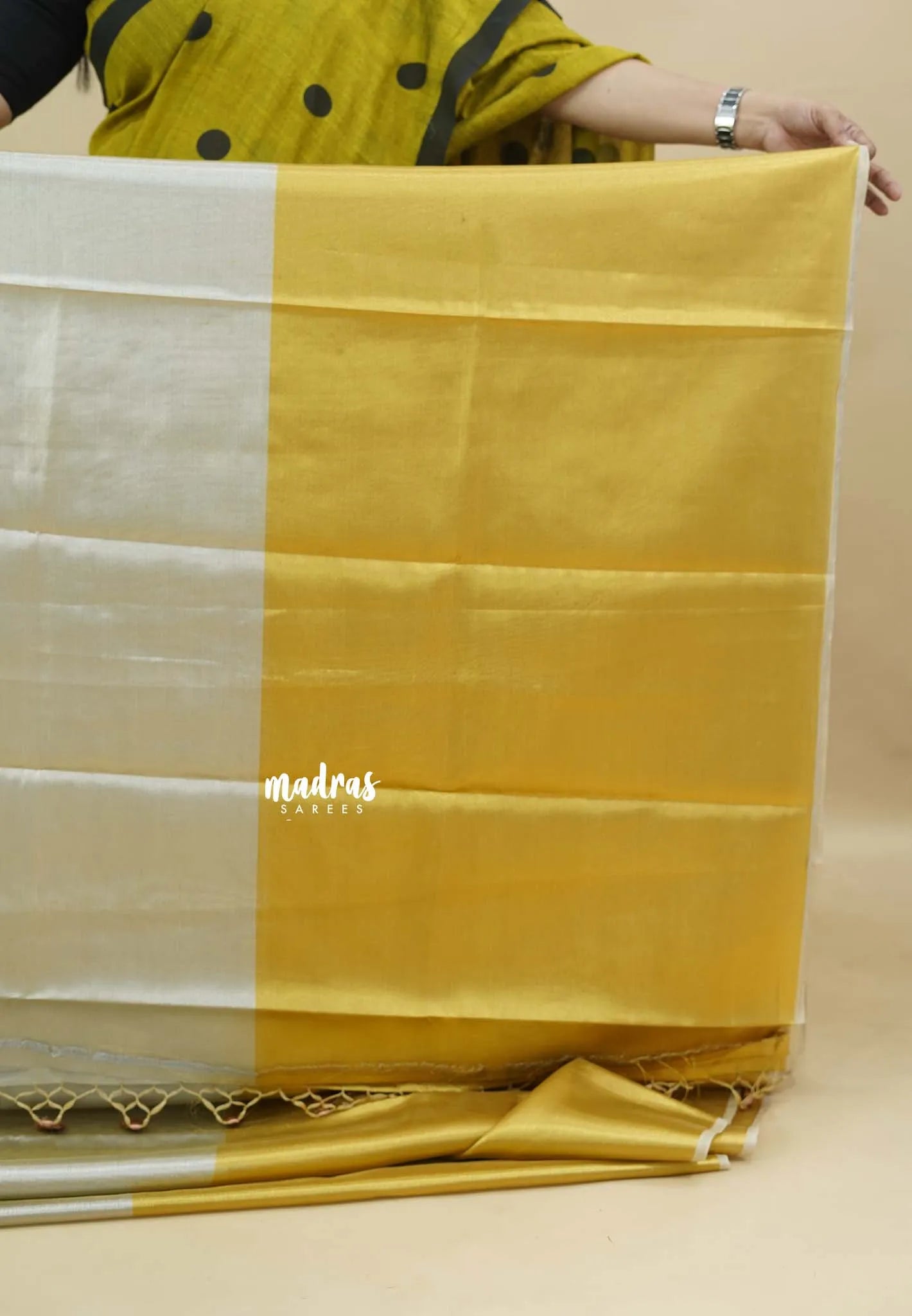MoonSun Blend - Kushboo half and half gold and silver tissue silk blend Saree - Best for Small Functions