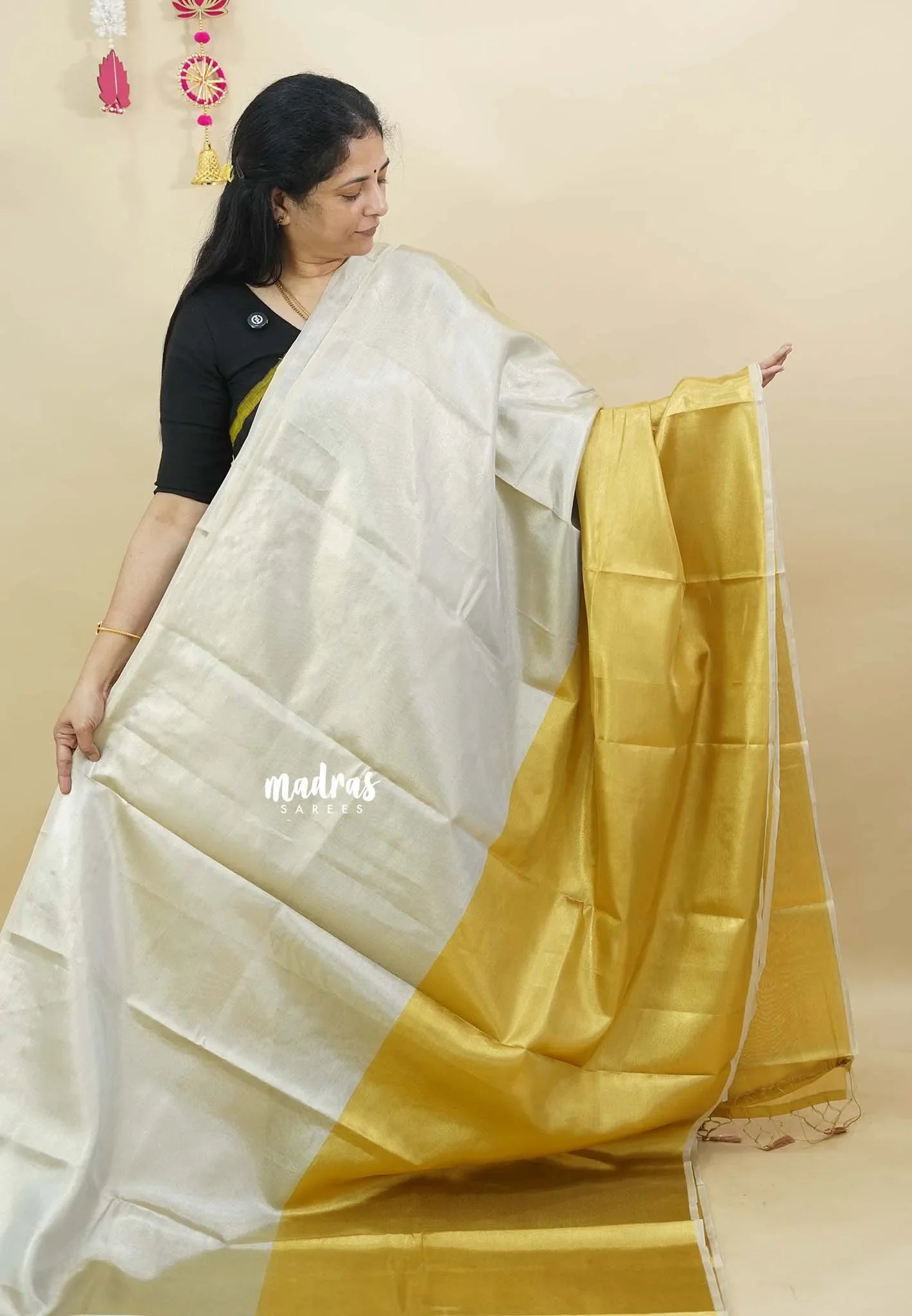 MoonSun Blend - Kushboo half and half gold and silver tissue silk blend Saree - Best for Small Functions