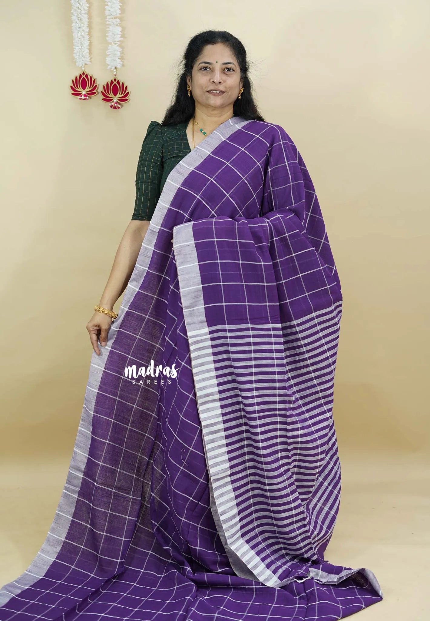 Lavender Purple - Andrea - Handloom cotton checks Saree with skirt border - Best for Daily Use