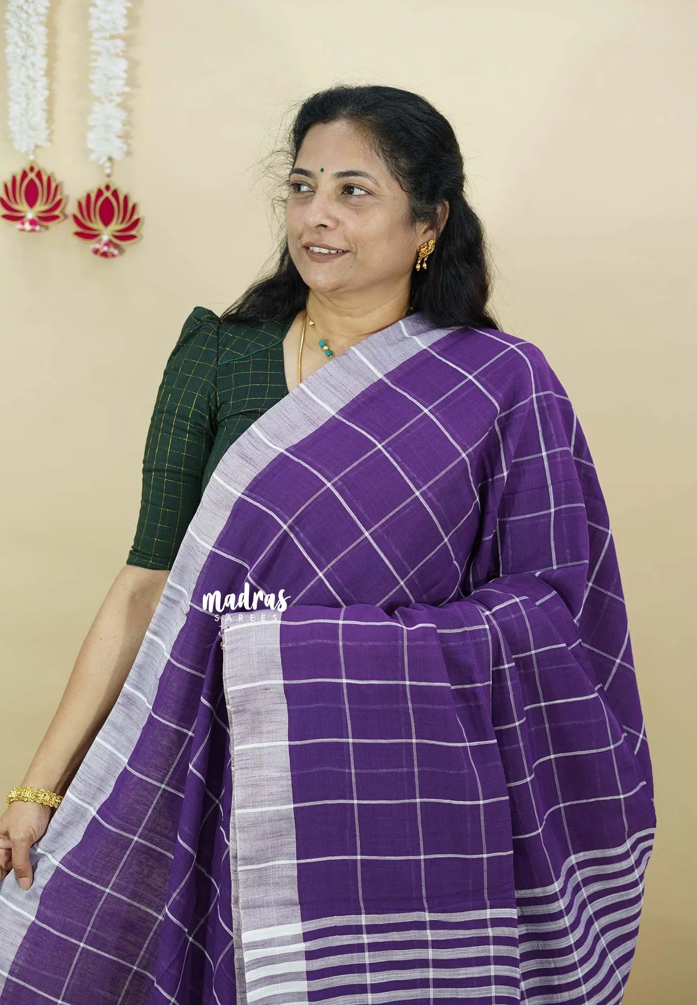 Lavender Purple - Andrea - Handloom cotton checks Saree with skirt border - Best for Daily Use
