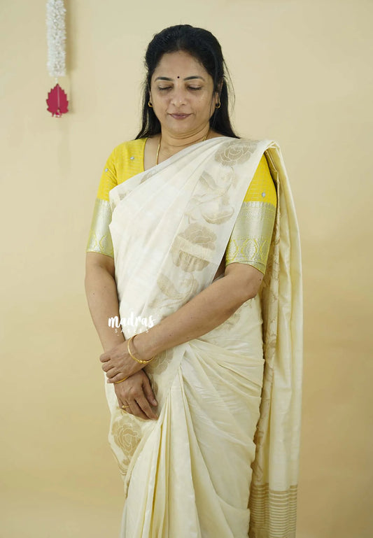 Half White - Madhuram - Soft Matka silkcotton Saree with grooves body and floral border
