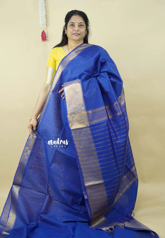 Cobalt Blue - Mangalgiri semi pattu Saree with golden getti border