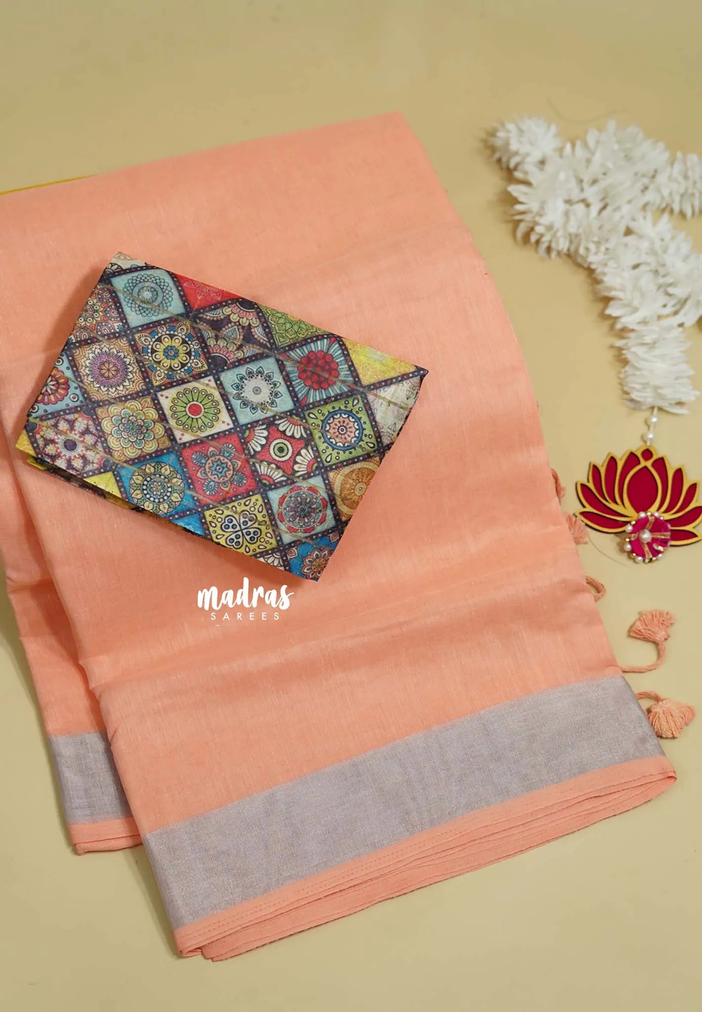 Peach Orange - Mia - Soft linen cotton Saree with tissue border and printed blouse