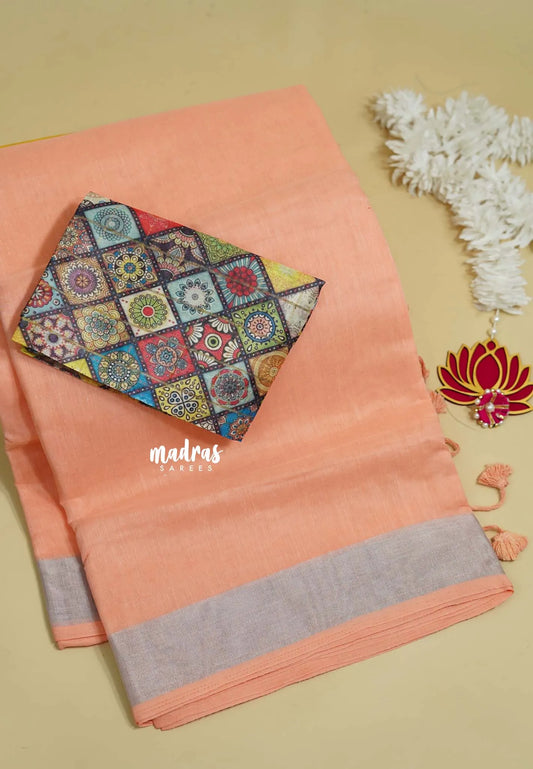 Peach Orange - Mia - Soft linen cotton Saree with tissue border and printed blouse