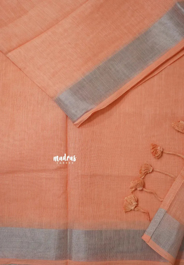Peach Orange - Mia - Soft linen cotton Saree with tissue border and printed blouse