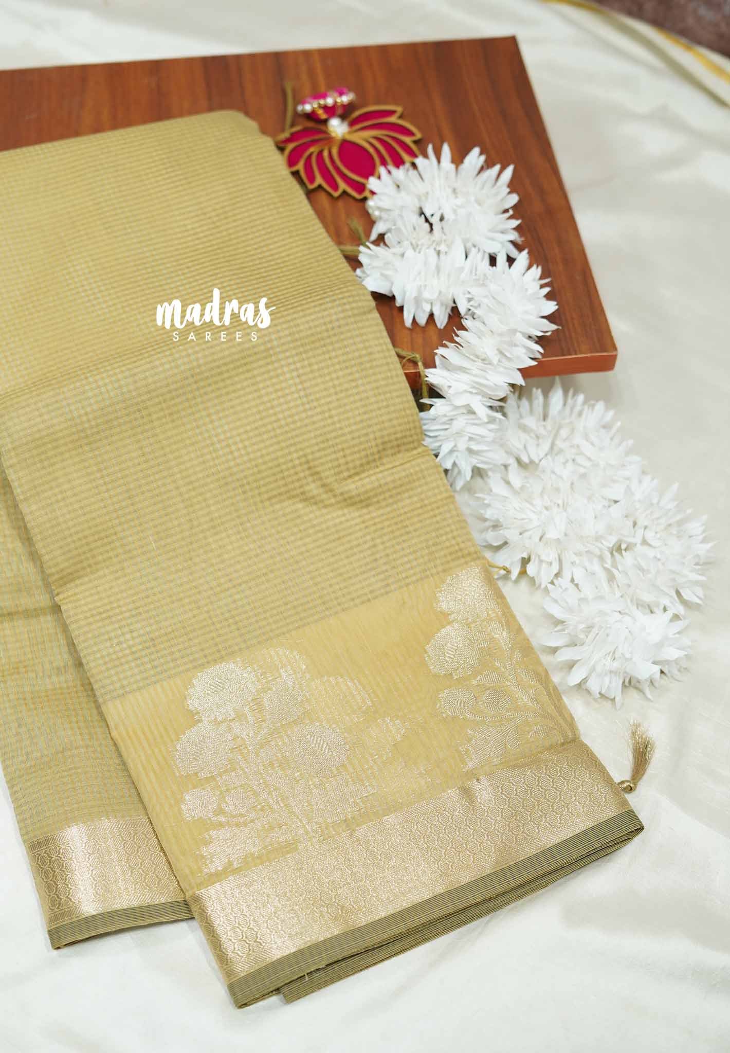 Dry Elaichi Green - Soft Munga cotton Saree with floral weaving border