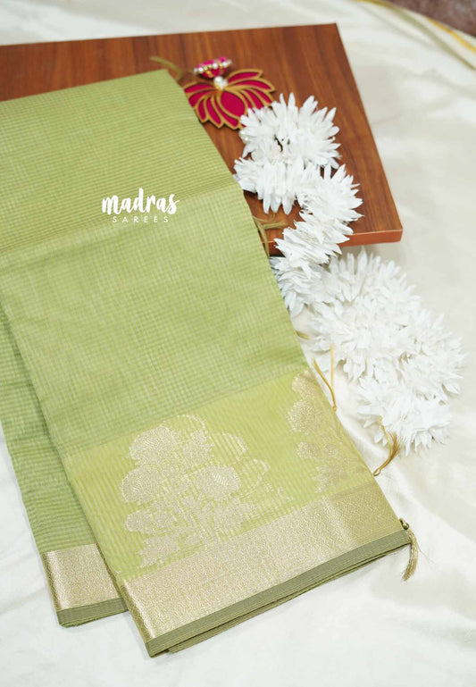 Pastel Green - Soft Munga cotton Saree with floral weaving border
