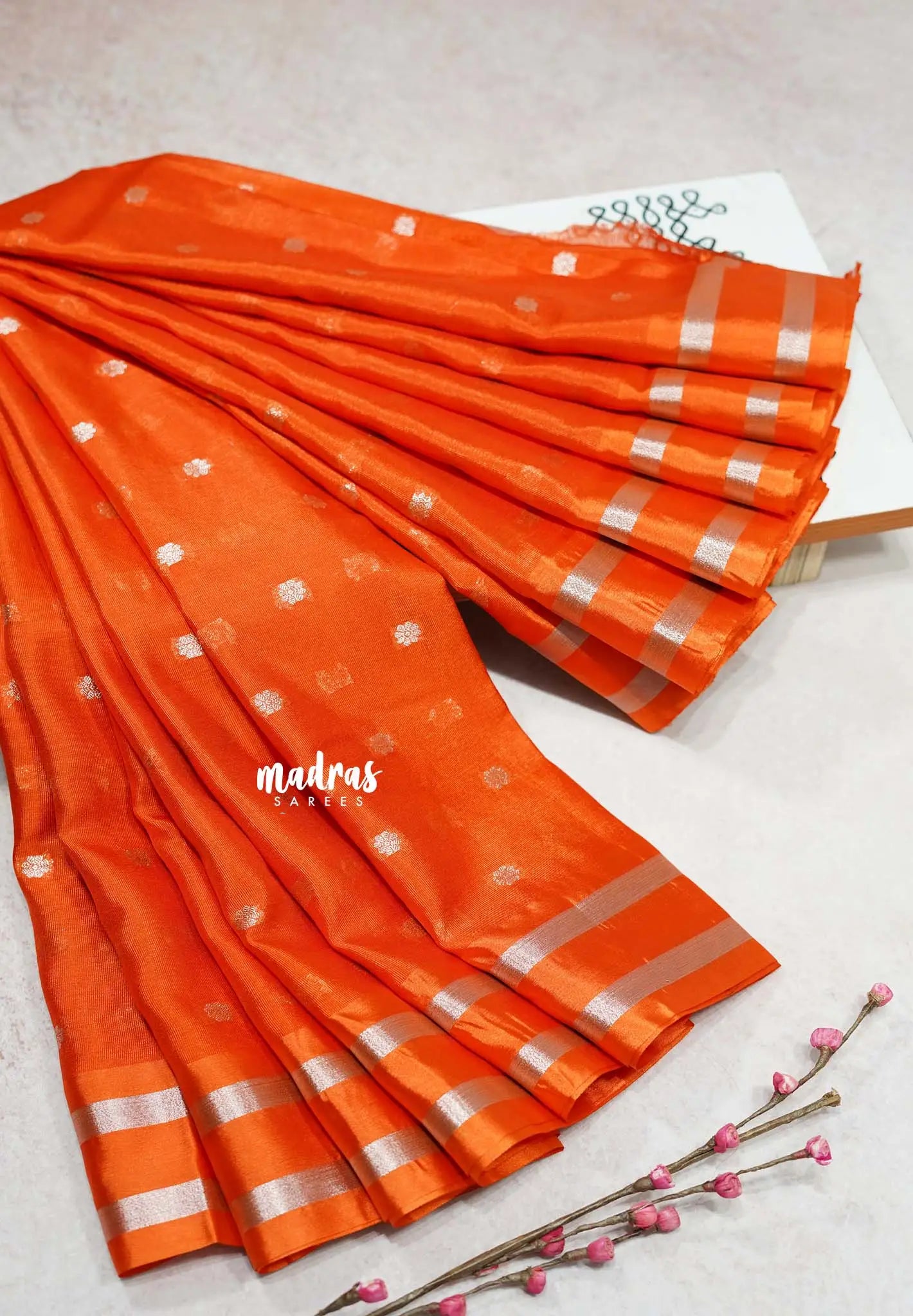 Sunset spark Orange - Soft Organza silk blend Saree with zari weaving with small zari border