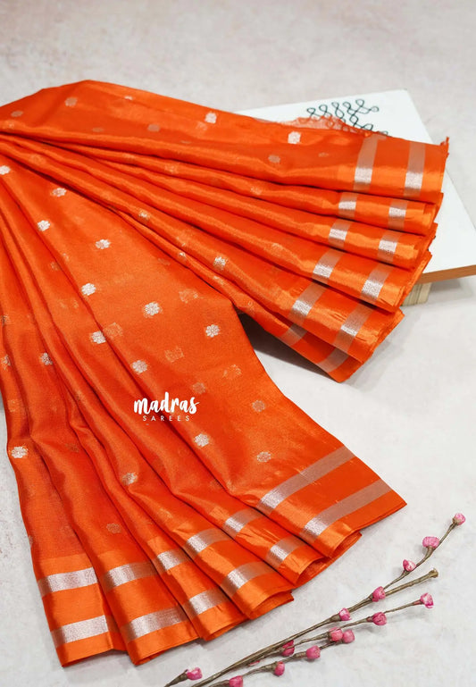 Sunset spark Orange - Soft Organza silk blend Saree with zari weaving with small zari border