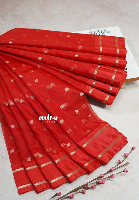 Spicy Red - Soft Organza silk Saree with zari weaving with small zari border