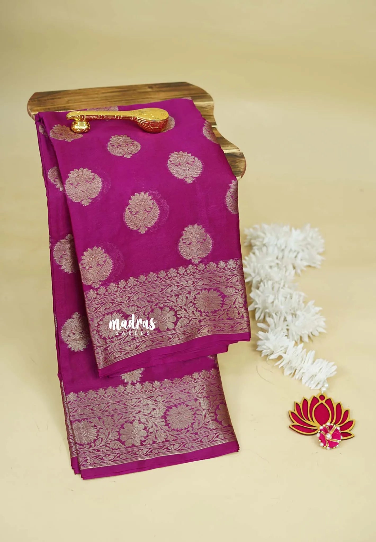 Magenta Pink  - Soft warm silkcotton Saree with Antique Zari Buttas and Border