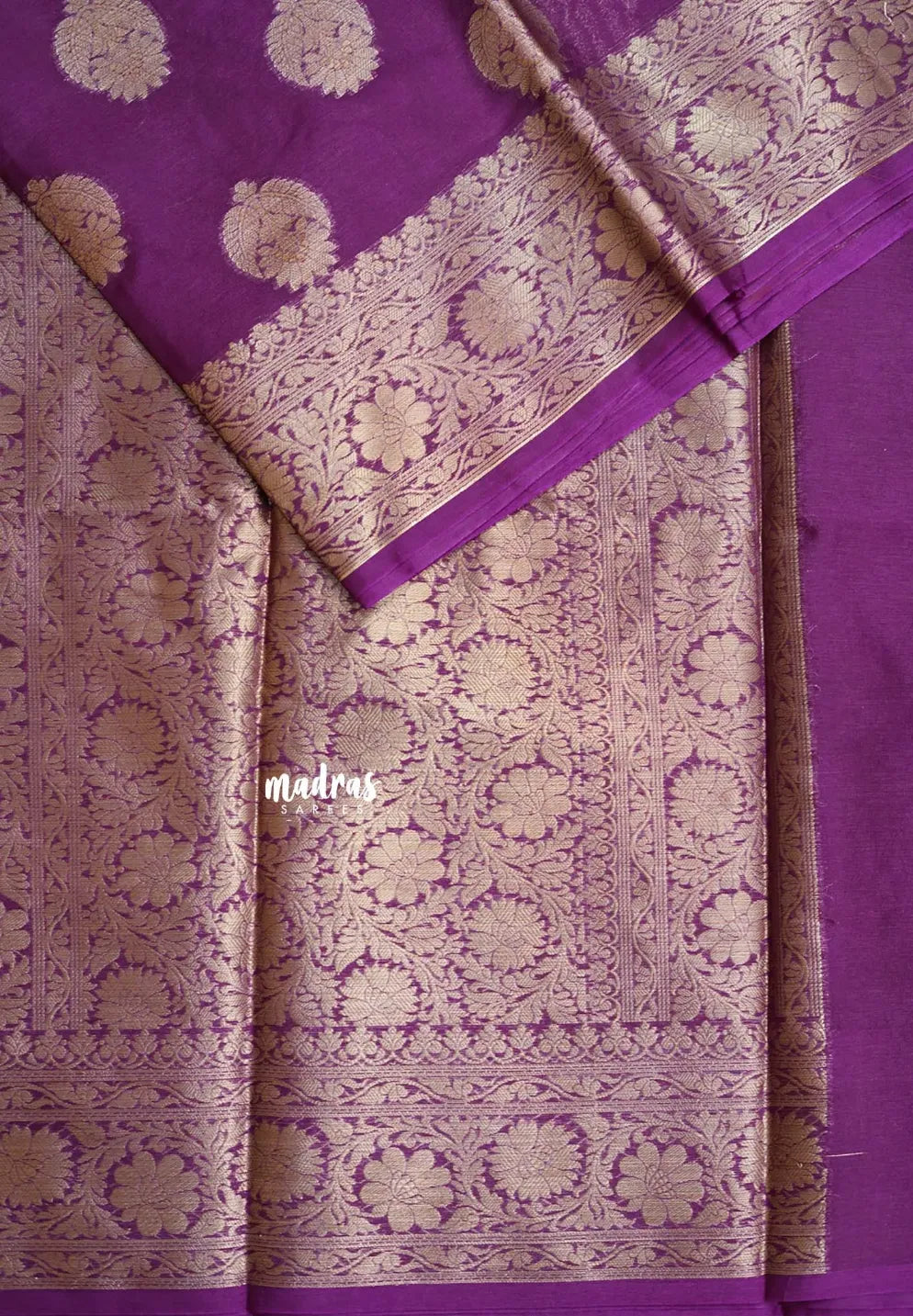 Purple  - Soft warm silkcotton Saree with Antique Zari Buttas and Border