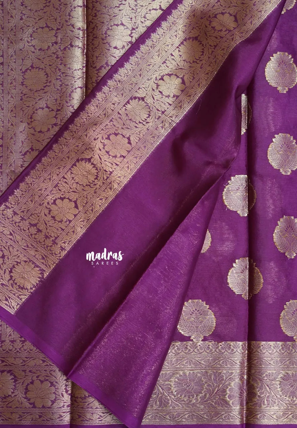 Purple  - Soft warm silkcotton Saree with Antique Zari Buttas and Border