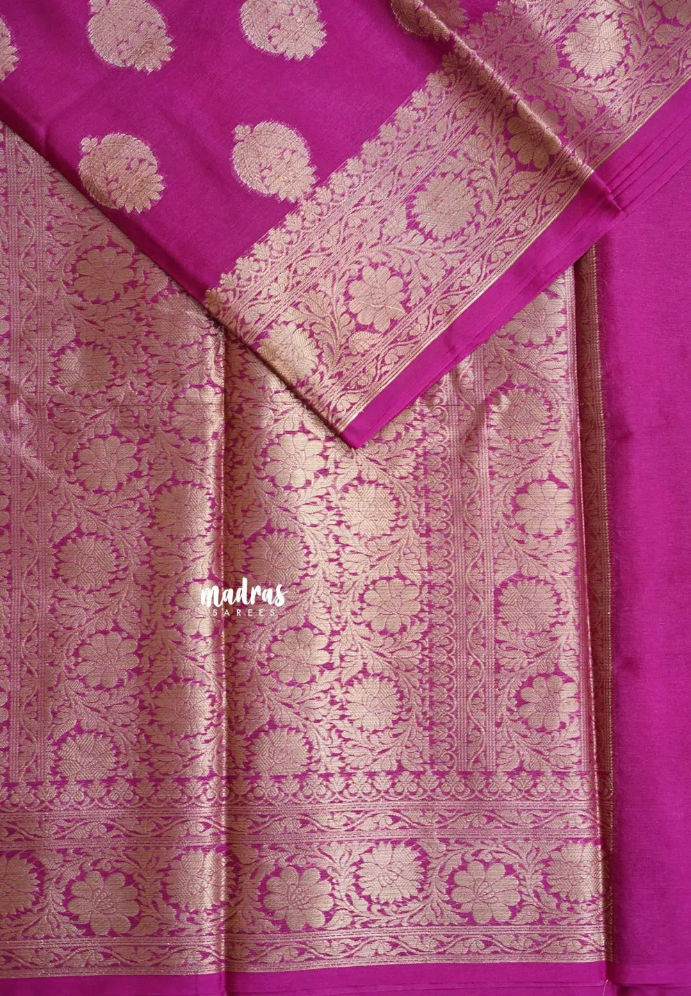 Magenta Pink  - Soft warm silkcotton Saree with Antique Zari Buttas and Border