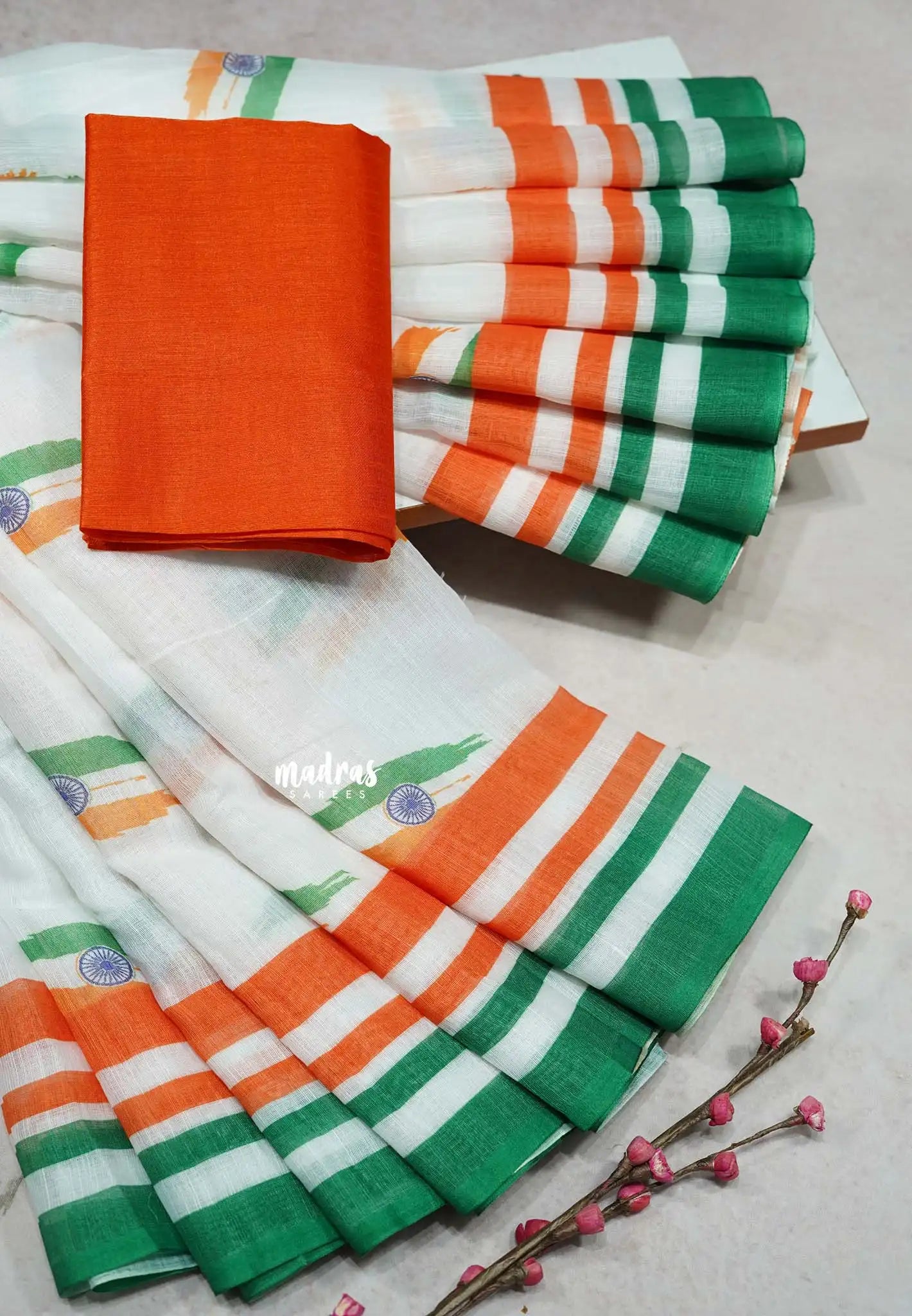 White - August 15 Special TRI COLOR NATIONAL FLAG Linen Cotton saree with raw silkcotton blouse