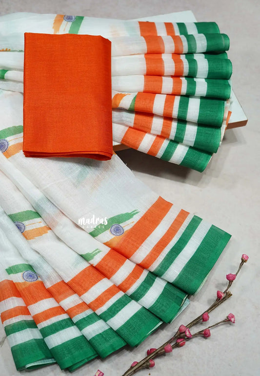 White - August 15 Special TRI COLOR NATIONAL FLAG Linen Cotton saree with raw silkcotton blouse