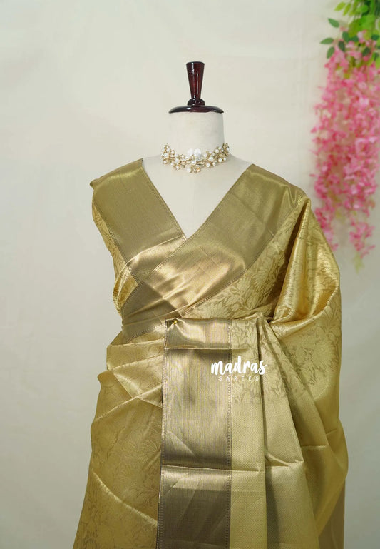 Ahaana -   semi silk cotton Saree with emboss weaving plain border - Pure gold