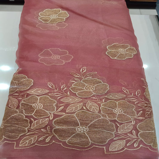 Pink Organza With Border Fabric