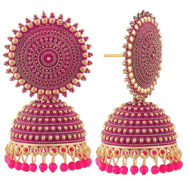 Traditional Floral Golden Pink Jhumkas - DWER001