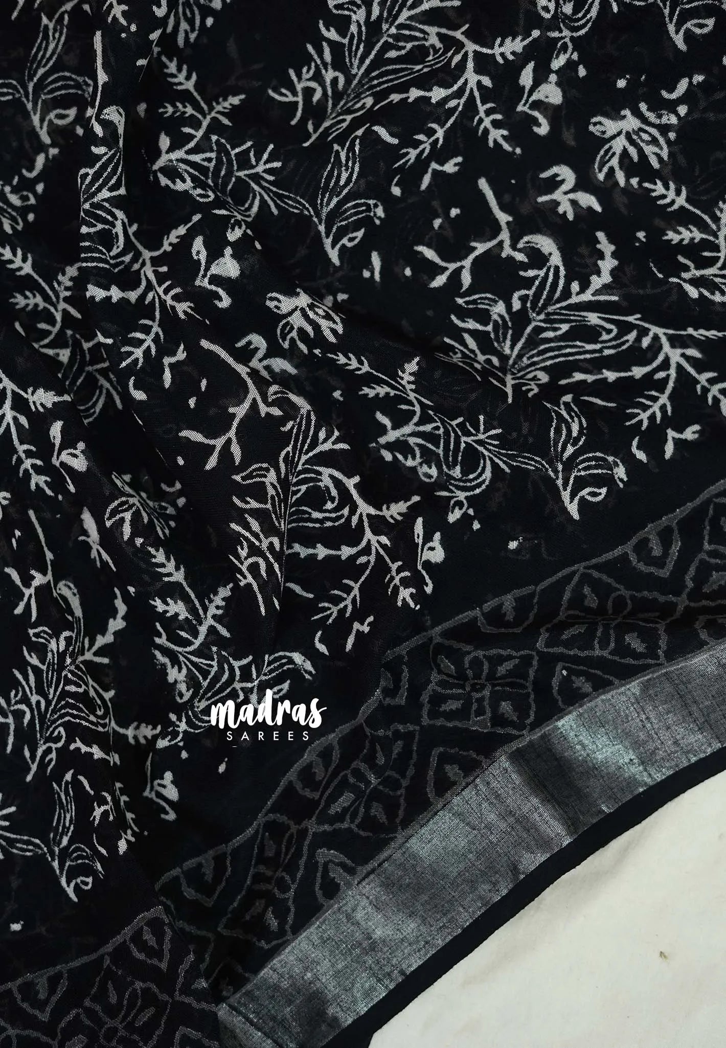 Jet Black - Pure Linen Cotton Saree with Silver Border - Perfect for Office Wear | Casual Wear | Summer