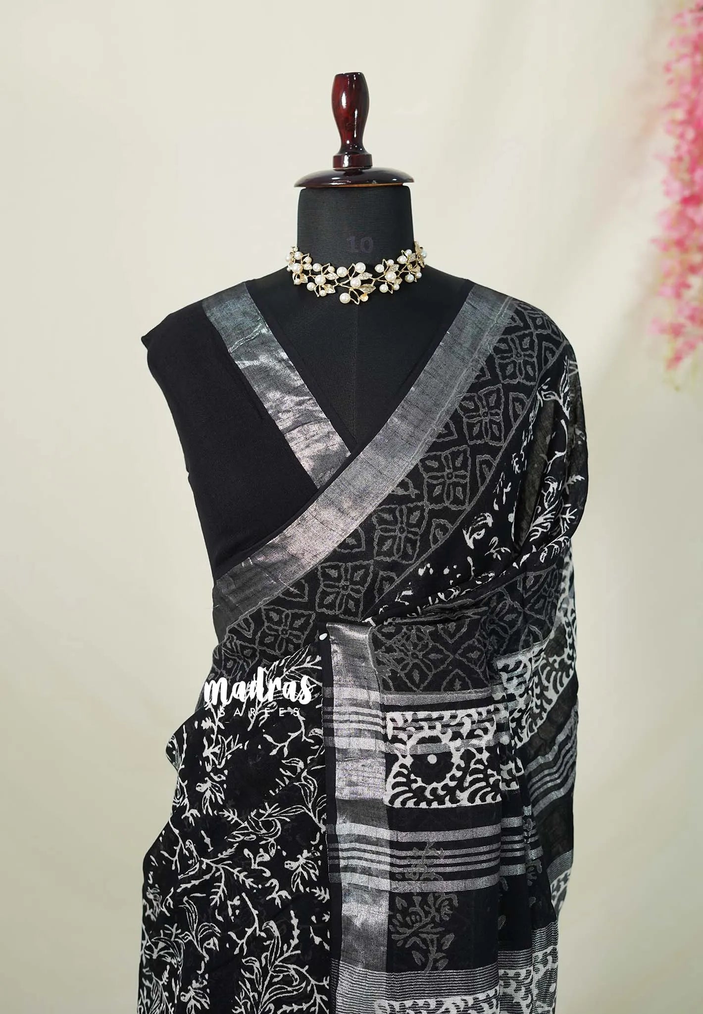 Jet Black - Pure Linen Cotton Saree with Silver Border - Perfect for Office Wear | Casual Wear | Summer